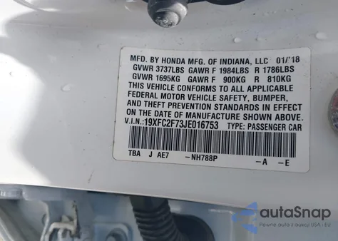 2018 Honda Civic Ex z USA, uszkodzony, nr VIN 19XFC2F73JE016753